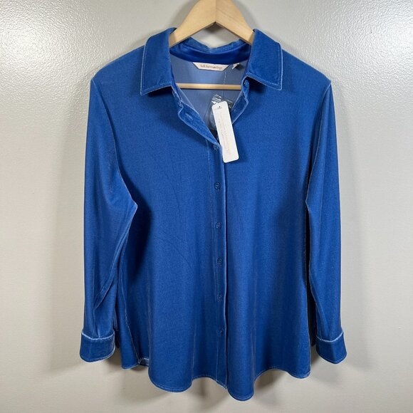 Soft Surroundings Velvet Boyfriend Shirt Size Medium Petite Coastal Blue Buttons - Picture 1 of 10